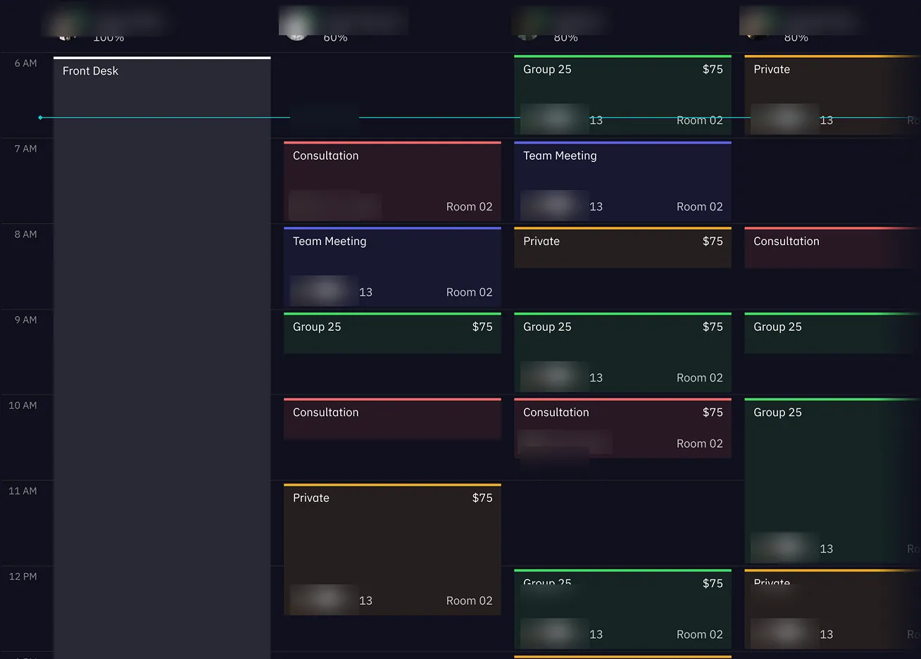 TrainOn staff calendar with one column per trainer and color-coded sessions