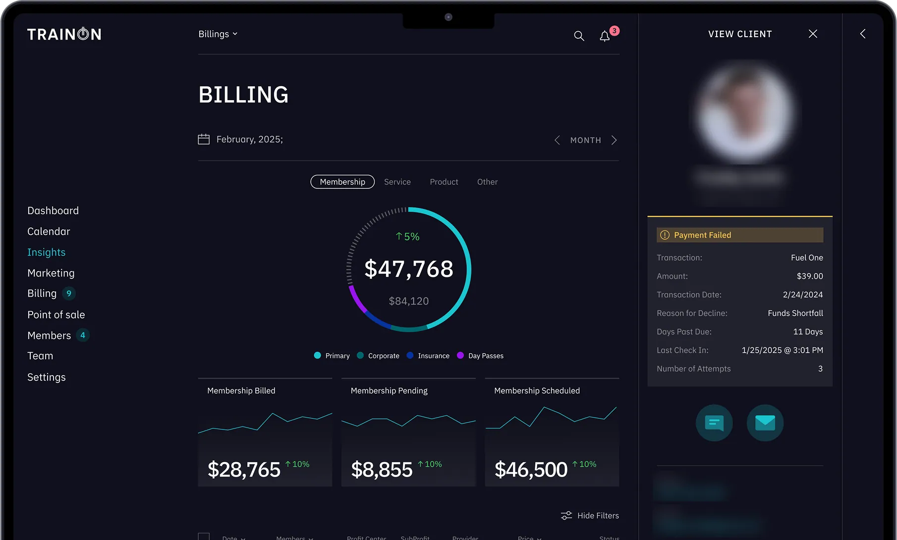 TrainOn billing screen with membership totals and a Payment Failed panel