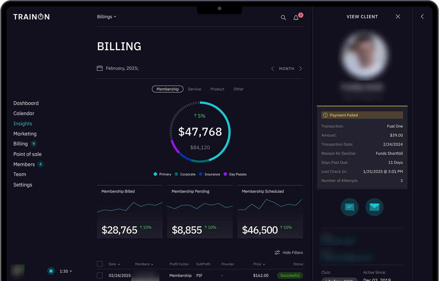 TrainOn billing screen with membership totals and a Payment Failed panel