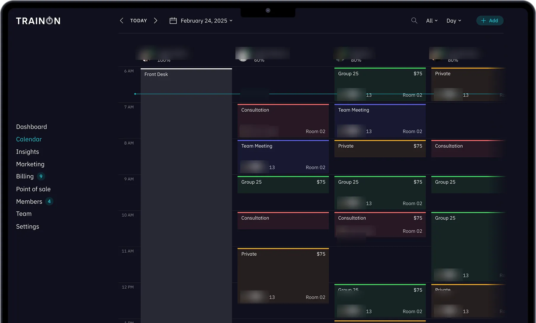 TrainOn staff calendar with one column per trainer and color-coded sessions