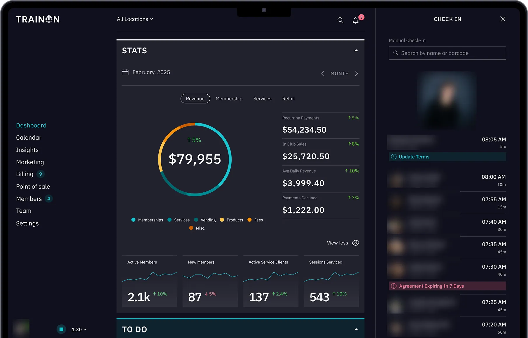TrainOn dashboard on a laptop with monthly revenue, member stats and a check-in list