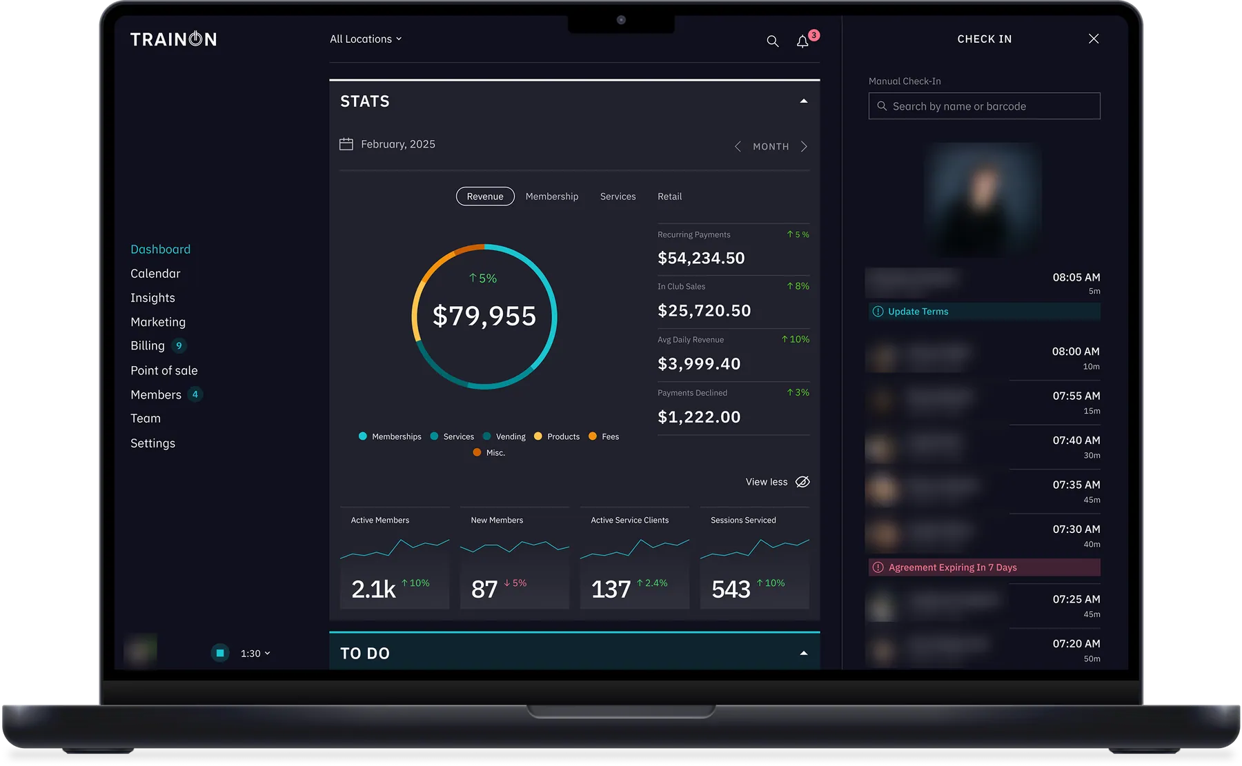 TrainOn dashboard on a laptop with monthly revenue, member stats and a check-in list
