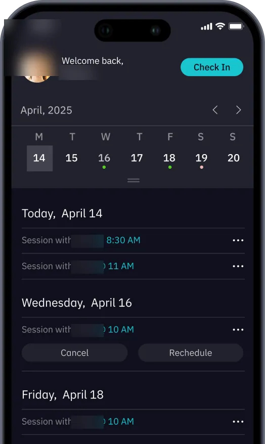 TrainOn member app home with a Check In button and upcoming sessions