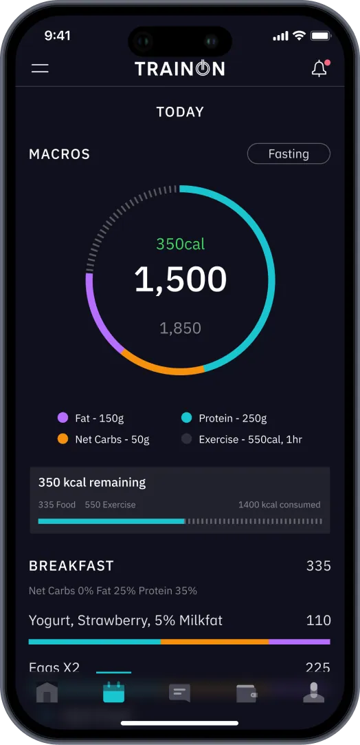 TrainOn daily macros ring and food log