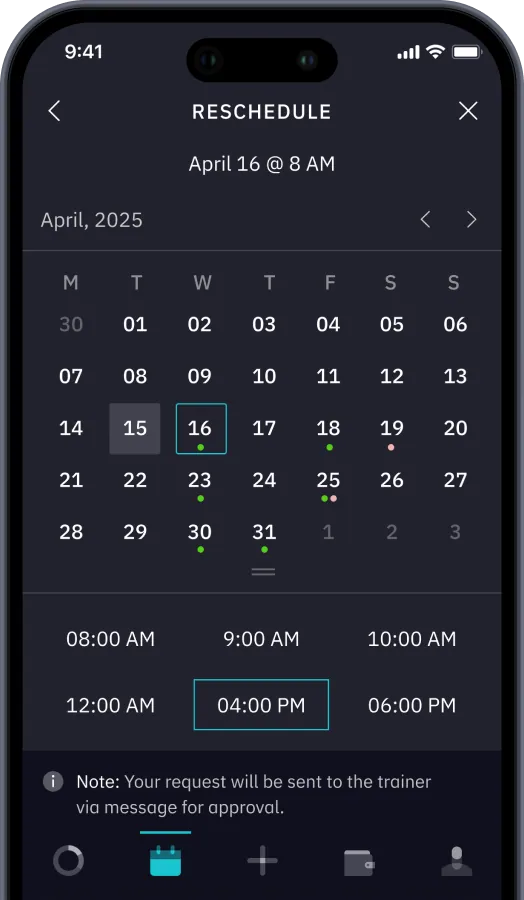 TrainOn member app reschedule screen with a calendar and time slots