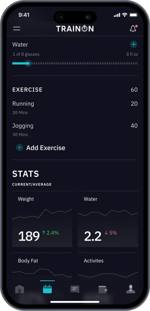 TrainOn water, exercise and body stats screen