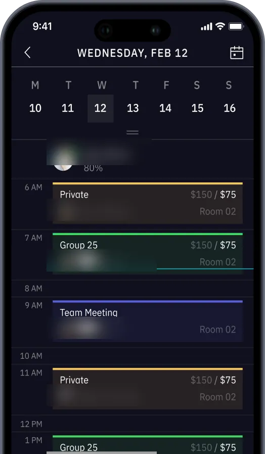 TrainOn trainer day view with private, group and team meeting sessions