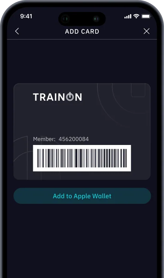TrainOn member card with a barcode and an Add to Apple Wallet button