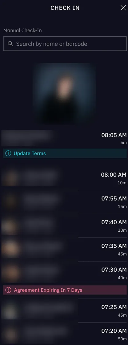 TrainOn check-in panel with a name or barcode search and recent check-ins