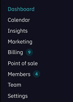 TrainOn menu: Dashboard, Calendar, Insights, Marketing, Billing, Point of sale, Members, Team, Settings